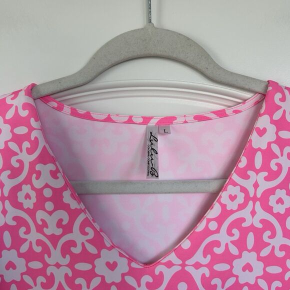 LULU B Womens Dress Sz L Pink Geometric Print Elbow Sleeve Jersey Stretch V Neck - Picture 3 of 11